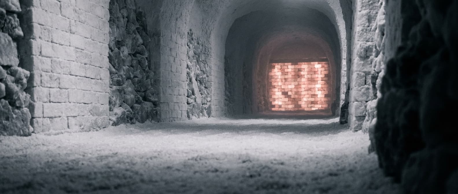 Der Innenraum der Rheidter Salzgrotte mit warm beleuchteten Kristallsalzwänden